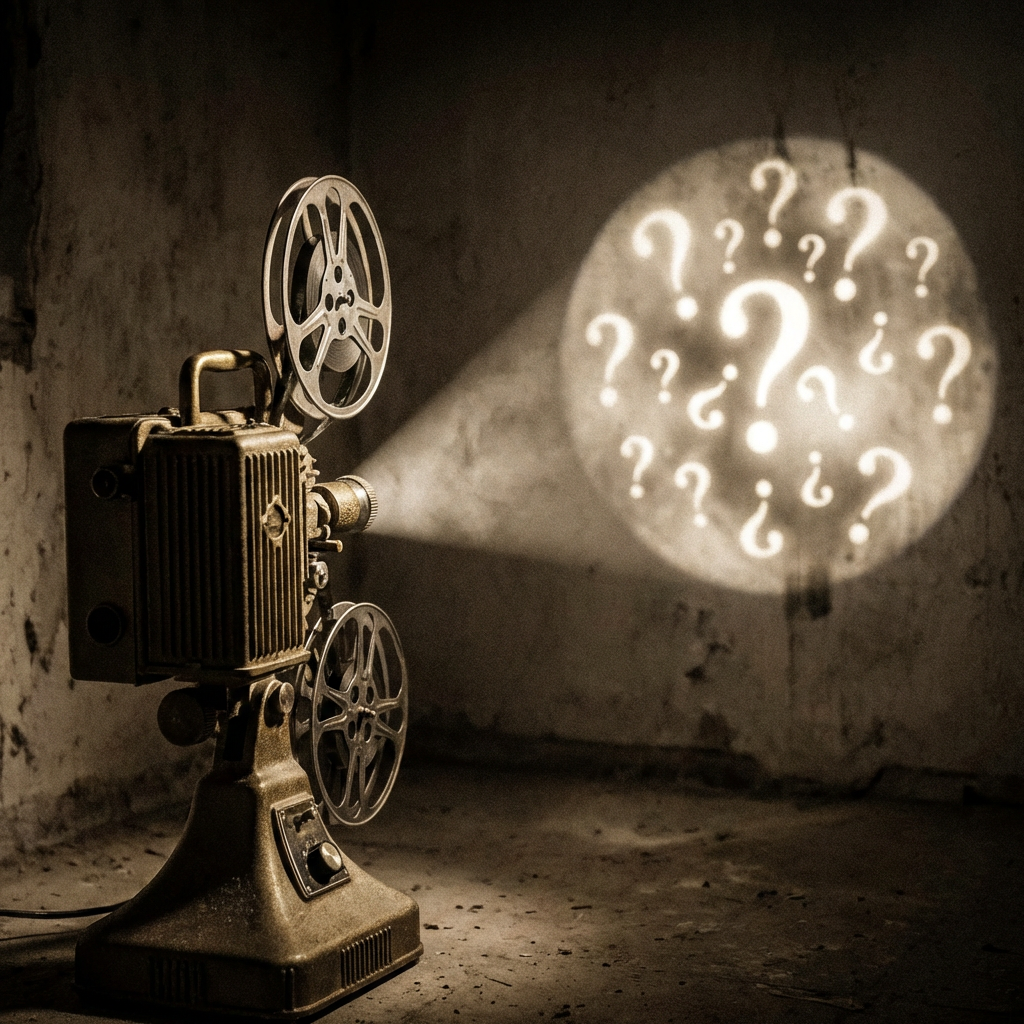 Vintage movie projector projecting a circle of question marks onto a weathered wall.