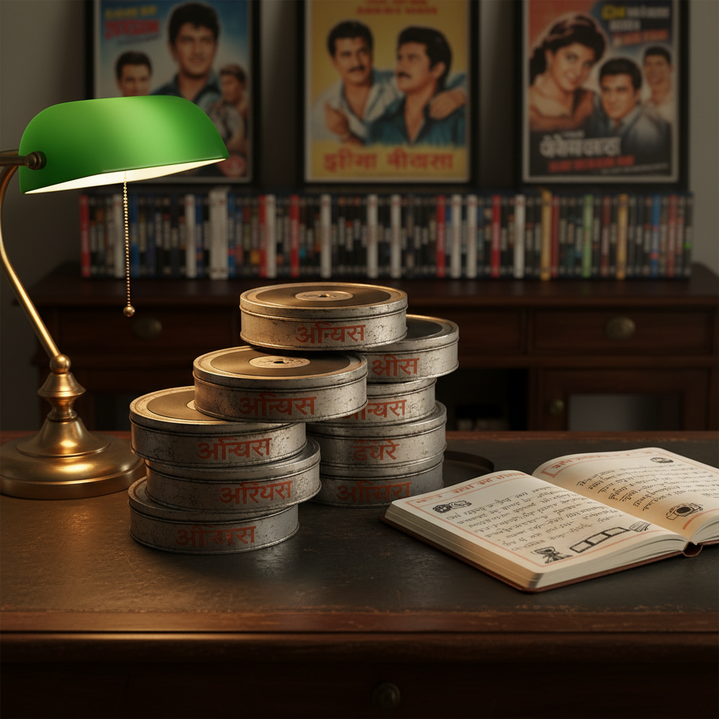A meticulously arranged stack of classic Hindi film reels, their metallic canisters slightly worn and labeled in elegant Devanagari titles, rests on a dark wooden writing desk. Beside them lies an open leather-bound notebook filled with neat Hindi handwriting and tiny doodles of film frames. Soft, warm lamplight from an antique brass desk lamp pools over the scene, creating gentle highlights on the metal and rich shadows in the wood grain. In the softly blurred background, shelves of neatly ordered DVDs and vintage film posters add depth. Photographic realism, shot at eye level with a shallow depth of field, evoking a sophisticated, nostalgic mood of quiet cinematic contemplation.