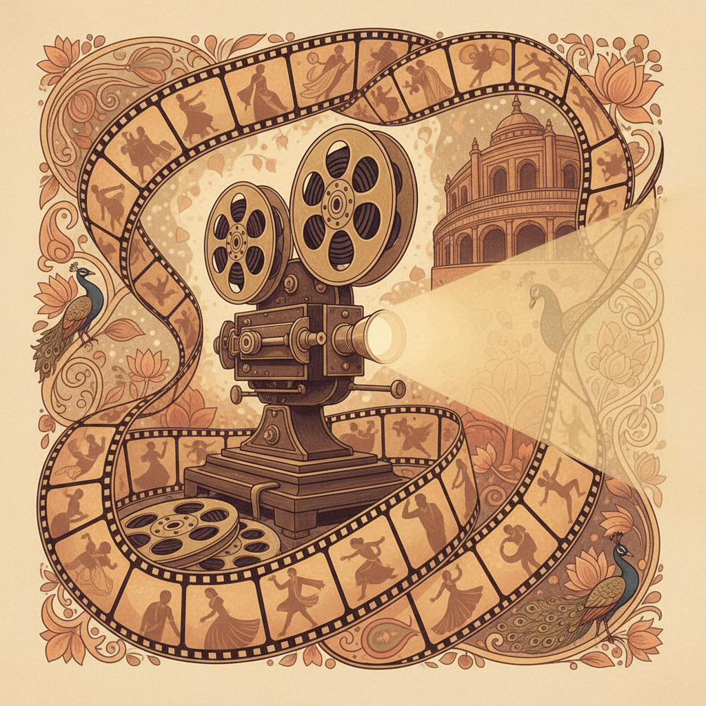A sophisticated, nostalgic Hindi cinema-inspired illustration for a film blog newsletter section, featuring a vintage film projector, film reels, and a soft warm color palette. No text in the image.