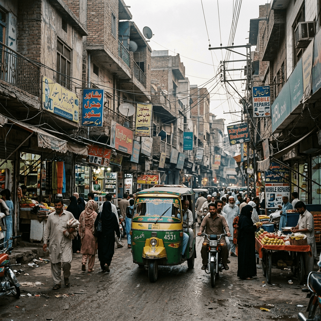 Busy street in a South Asian city with pedestrians, rickshaw, motorbike, and shops