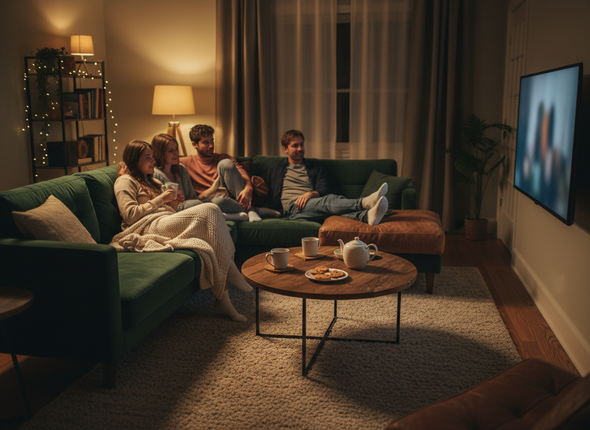 Four friends relaxing on a sofa in a warmly lit living room, enjoying a movie together with tea and snacks on the coffee table in front of them.